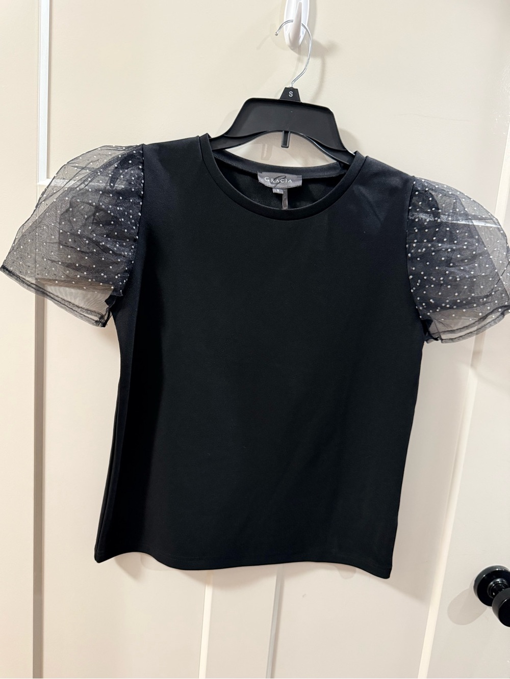 Gracia Black Tee with Sheer Polka Dot Puff Sleeves